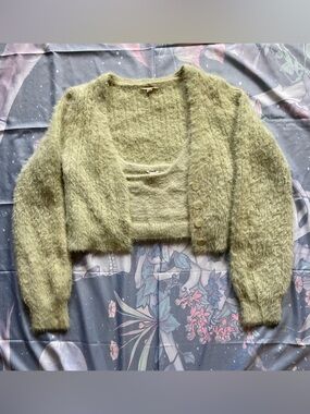 Garage Fuzzy Cropped Cardigan and Tank Set in Olive